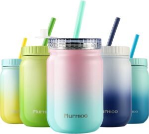 Murmioo Stainless Steel Cup with Straw,Smoothie Bottle,Iced Coffee Cup,Travel Mug and Screw Sealed lid-for,Double Wall Vacuum Food Jar, Insulated Mug, 14oz