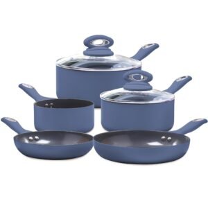 Cermalon Matt Blue 5-Piece Cookware Set - Includes 2X Frying Pans and 3X Saucepans with Grey Sparkle Ceramic Non-Stick Coating - Compatible for All Types of Hobs - PTFE and PFOA Free