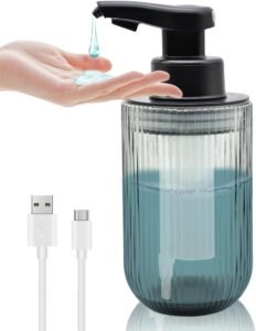 Automatic Touchless Glass Soap Dispenser, Rechargeable Hands Free Ribbed Liquid Soap Dispenser with Chrome-Finished Electric Sensor Pump, Refillable Bottle for Bathroom Kitchen Countertop
