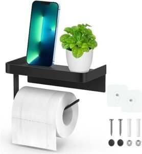 Black Toilet Roll Holder with Shelf, 2 in 1 Stainless Steel Two Installations Ways