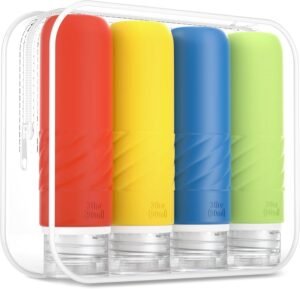 Gemice Travel Bottles for Toiletries, CAA Approved 90ml Silicone Travel Bottles, Leak Proof Squeezable Travel Size Containers, Travel Essentials for Lotion Soap Liquid Shampoo, BPA Free(4 Pack)