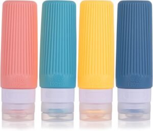 LUFEVRM Travel Bottles for Toiletries,BPA Free,4 Pack 90ml Silicone Leak Proof Refillable Portable Squeeze Empty Accessories Travel Size Liquid Cosmetic Lotion Shampoo Conditioner Containers