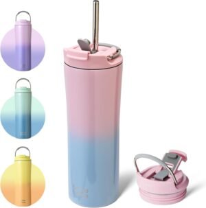bottlebottle Bottle Bottle Insulated Travel Mug with Straw and Dual-use Lid Stainless Steel Coffee Cup 500ml(18oz) Thermal Iced Coffee Flask Tumbler with Handle(Pink Blue)