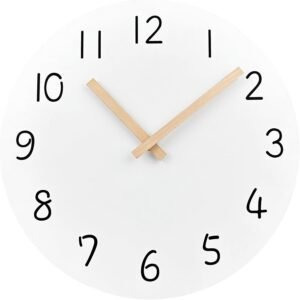 Plumeet 10'' Wooden Wall Clock Small Frameless Wall Clocks with Silent Quartz Movement - Modern Style White Clocks Decorative Home Kitchen - Battery Operated (10 inch, White)