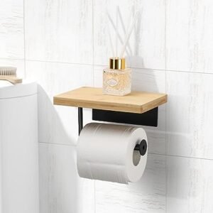 Toilet Roll Holder with Bamboo Shelf - Toilet Paper Holder Wall Mounted
