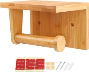 Bamboo Toilet Roll Holder Self Adhesive with Shelf