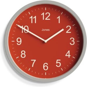 Jones Clocks ® The House Warmer, Round Modern Wall Clock, Grey Clock, Coloured Case and Red Dial, Perfect for Office/Kitchen/Bedroom 25cm