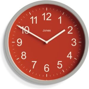 Jones Clocks ® The House Warmer, Round Modern Wall Clock, Grey Clock, Coloured Case and Red Dial, Perfect for Office/Kitchen/Bedroom 25cm