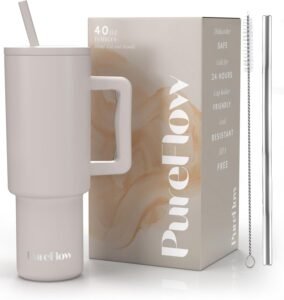 PureFlow 40oz/1200ml Tumbler with Straw and Lid Premium Handle | Eco-Friendly Reusable Insulated Travel Mug | Iced Coffee Cup | No Single Use Plastic Cups | Insulated Cup (Almond Birch)