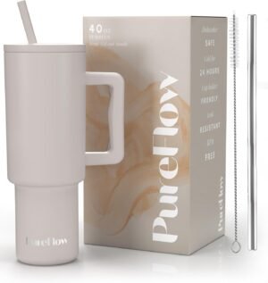 PureFlow 40oz/1200ml Tumbler with Straw and Lid Premium Handle | Eco-Friendly Reusable Insulated Travel Mug | Iced Coffee Cup | No Single Use Plastic Cups | Insulated Cup (Almond Birch)