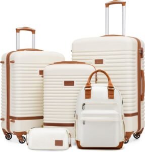 COOLIFE Suitcase Trolley Carry On Hand Cabin Luggage Hard Shell Travel Bag Lightweight with TSA Lock,The Suitcase Included 1pcs Travel Backpack and 1pcs Toiletry Bag (White/Brown, 5 Piece Set)