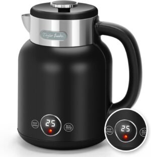 Taylor Swoden Electric Kettle 1.7L, Variable Temperature Control Kettle with Digital LED Display, Fast Boil Quiet Kettles Cordless, Double-Walls, Keep Warm, Stainless Steel, Black -Asher