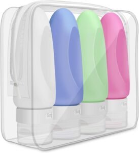 Opret Silicone Travel Bottles, 4 Pack 89ml Leak Proof Refillable Squeezable 3oz Containers Set with Label and Transparent Carry Bag for Liquid Shampoos, Soap and Toiletries