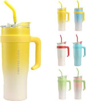 40oz Tumbler with Straw Lid and Handle, Stainless Steel Coffee Travel Insulated Cup Mug, Cup Travel Mug Water Bottle Thermos for Hot and Cold Coffee (Gradient Yellow)