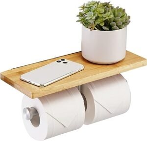 Double Toilet Roll Holder Wall Mounted with Bamboo Shelf Stainless Steel