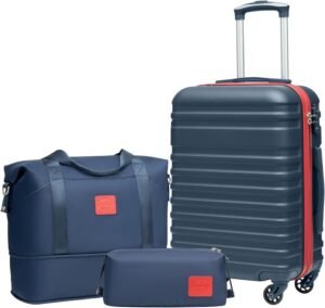 COOLIFE Suitcase Trolley Carry On Hand Cabin Luggage Hard Shell Travel Bag Lightweight with TSA Lock,The Suitcase Included 1pcs Travel Bag and 1pcs Toiletry Bag (Blue/Red, 20 Inch Luggage Set)
