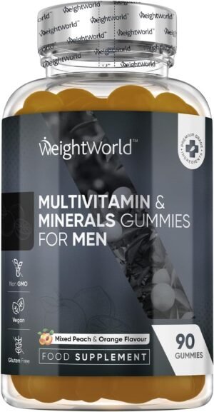 Multivitamin Gummies for Men - 90 Vegan Gummies - Added with Maca, Panax Ginseng & 12 Essential Multivitamins and Minerals Like Vitamin A, C, E, B & Zinc - Natural Peach & Orange Flavoured Gummies