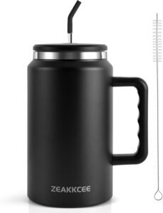 ZEAKKCEE 50oz Tumbler with Straw Lid Handle, Stainless Steel Insulated Water Cup, Large Capacity Travel Mug Keep Cool for Tea Coffee Water, Best Gift for Women Men Him Her(Black)