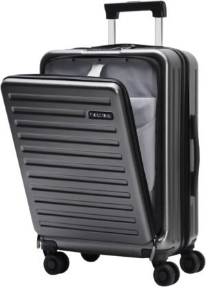 TydeCkare 20 Inch Luggage Carry On with Front Zipper Pocket, 22 x 14.6 x 10in, 45L, Lightweight ABS+PC Hardshell Suitcase with TSA Lock, 4 Spinner Silent Wheels, Gray