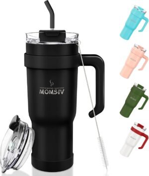 MOMSIV 40oz Tumbler with Handle and Straw, Large Capacity 1100ml Stainless Steel Leakproof Coffee Cup, Insulated Vacuum Double Wall Travel Mug Water Bottle for Hot and Cold Iced Drink