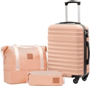 COOLIFE Suitcase Trolley Carry On Hand Cabin Luggage Hard Shell Travel Bag Lightweight with TSA Lock,The Suitcase Included 1pcs Travel Bag and 1pcs Toiletry Bag (Sakura Pink, 20 Inch Luggage Set)