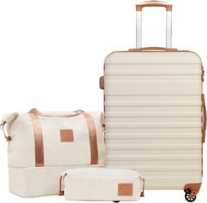 COOLIFE Suitcase Trolley Carry On Hand Cabin Luggage Hard Shell Travel Bag Lightweight with TSA Lock,The Suitcase Included 1pcs Bag and 1pcs Toiletry Bag (White/Brown, 24 Inch Luggage Set)