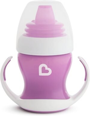 Munchkin Gentle Transition Baby Cup, Babies & Toddlers Sippy Cups with Handles & Lids, BPA Free Non Spill Cup, Dishwasher Safe, Leakproof Silicone Childrens Cups for 4+ Months - 4oz/118ml, Purple