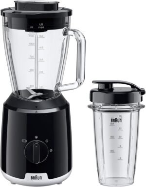Braun PowerBlend 1 JB1051BK, Jug Blender with Unique Triangular Glass Jug, 2 Speed, Ice Crush Function, Smoothie2Go Bottle Included, 600W, Black