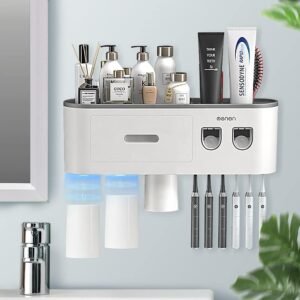 BHeadCat Toothbrush Holders Wall Mounted, Toothbrush Holder with Double Automatic Toothpaste Dispensers, 6 Brush Slots, 3 Magnetic Cups,1 Cosmetic Drawer Organizer and 1 Large Storage Tray（Grey）
