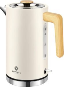 London Boutique Electric Kettle, Cream Stainless Steel kettles Electric, Cordless Fast Boil Electric kettle with Wood Effect, Boil Dry Protection, Anti-Scale Filter, UK Strix Controller,3KW