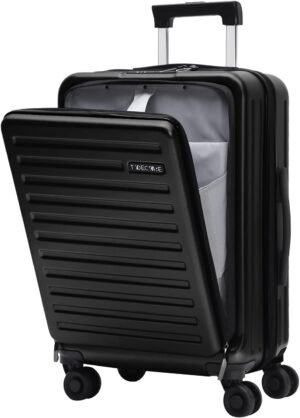 TydeCkare 20 Inch Carry On Luggage with Front Zipper Pocket, 45L, Lightweight ABS+PC Hardshell Suitcase with TSA Lock & Spinner Silent Wheels, Black