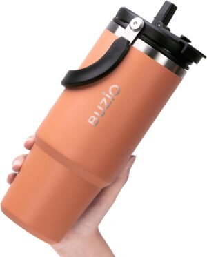 BUZIO 40oz Travel Mug with Straw and Handle - Iced Coffee Tumbler Cup - Stainless Steel Water Bottle - Tumbler with 2-in-1 Lid and Straw - 100% BPA-free - Car Coffee Cup Orange