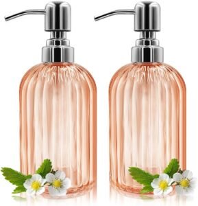 Soap Dispenser - 2 Pack 14 Oz Glass Soap Dispenser with Rust Proof Stainless Steel Pump, Refillable Liquid Bottle Dispenser, Premium Hand Jar Dispenser for Bathroom, Kitchen, Countertop (Amber)