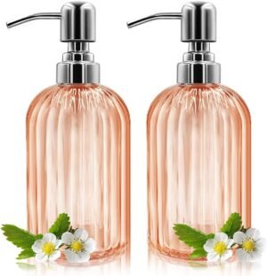 Soap Dispenser - 2 Pack 14 Oz Glass Soap Dispenser with Rust Proof Stainless Steel Pump, Refillable Liquid Bottle Dispenser, Premium Hand Jar Dispenser for Bathroom, Kitchen, Countertop (Amber)
