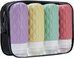 4 Pack Travel Bottles for Toiletries with Labels, 100 ml Silicone Travel Bottles Set with Clear Zipper Toiletry Bag, Leakproof Refillable Squeeze Travel Size Containers for Shampoo Conditioner