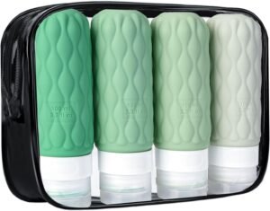 4 Pack Travel Bottles for Toiletries with Labels, 100 ml Silicone Travel Bottles Set with Clear Zipper Toiletry Bag, Leakproof Refillable Squeeze Travel Size Containers for Shampoo Conditioner