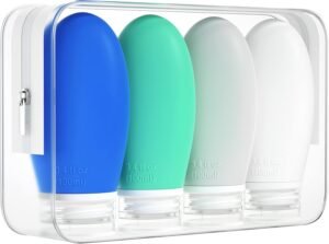 Morfone 100ml Silicone Travel Bottle for Toiletries, 4 Pack Leak Proof Refillable Squeezable Containers for Lotion Liquid Shampoo, BPA Free and TSA Approved Travel Accessories(Grey Blue)