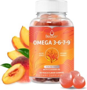 BeLive Omega 3 Gummies with Omegas 6, 7, 9, DHA & EPA from Flaxseed Oil and Sea Buckthorn Fruit Oil - Sugar-Free, Supports Brain, Heart, Eye & Immune System, Supplements for Kids & Adults (60 CT) (1)