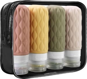 4 Pack Travel Bottles for Toiletries with Labels, 100 ml Silicone Travel Bottles Set with Clear Zipper Toiletry Bag, Leakproof Refillable Squeeze Travel Size Containers for Shampoo Conditioner