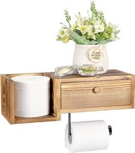 Wall Mounted Wooden Toilet Paper Holder with Shelf and Drawer