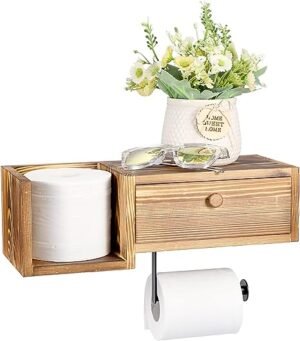 Wall Mounted Wooden Toilet Paper Holder with Shelf and Drawer