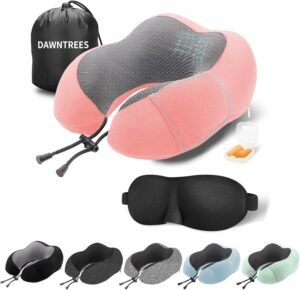 DAWNTREES Travel Pillow Neck Support,Pure Memory Foam Neck Pillows for Travel Airplane, Business Trip with Luxury Bag, Travel Kit with 3D Contoured Eye Masks, Earplugs.……… (pink, 1 Pack)