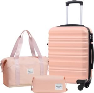 LONG VACATION Suitcase Trolley Hand Carbin Luggage, ABS Hard Shell Suitcase Set Lightweight Luggage Set 3 Piece Set Suitcase with TSA Lock Travel Bag Spinner Wheels(Sakura Pink, 20 Inch Luggage Set)