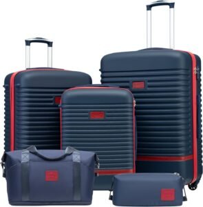 COOLIFE Suitcase Trolley Carry On Hand Cabin Luggage Hard Shell Travel Bag Lightweight with TSA Lock,The Suitcase Included 1pcs Travel Bag and 1pcs Toiletry Bag (Blue/Red, 5 Piece Set)