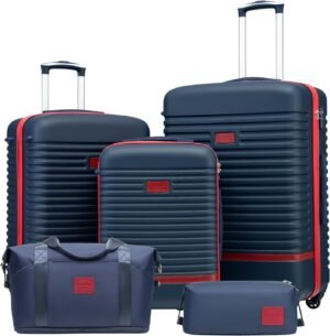 COOLIFE Suitcase Trolley Carry On Hand Cabin Luggage Hard Shell Travel Bag Lightweight with TSA Lock,The Suitcase Included 1pcs Travel Bag and 1pcs Toiletry Bag (Blue/Red, 5 Piece Set)