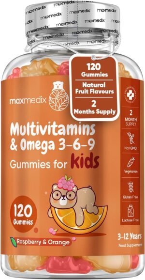 Multivitamin for Kids - 120 Natural Raspberry & Orange Flavour Chewable Gummies (2 Month Supply) - Low-Sugar Childrens Multivitamins with Zinc & Omega 3, 6 & 9 - Vegetarian Vitamins for Kids