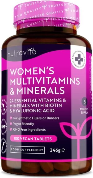 Women's Multivitamins and Minerals - 24 Essential Active Vitamins and Minerals with Added Hyaluronic Acid - 180 Vegan Tablets - No Synthetic Fillers or Binders - Made in The UK by Nutravita