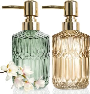 JINYOMFLY Glass Soap Dispenser 2 Pack, 12 Oz Rose Gold Soap Dispenser, Green Glass Soap Dispenser, Glass Soap Dispenser Bottle with Pump, Vintage Glass Liquid Soap Dispenser