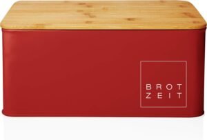 Lumaland Cuisine Bread Bin | Metal Bread Box with Bamboo Lid | Rectangular Bread Box 30,5 x 23,5 x 14 cm | 2in1 Bread Bin & Cutting Board [Red]