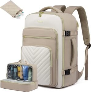 LOVEVOOK Travel Backpack Cabin Size for Women, 40L Carry On Backpacks for Airplanes, Waterproof 17.3 Inch Laptop Rucksack Bag, Flight Approved Hand Luggage Backpack Easyjet Cabin Bags, Khaki-Beige
